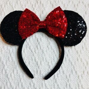 Sequin Black Mouse Ears with Red Bow Headband